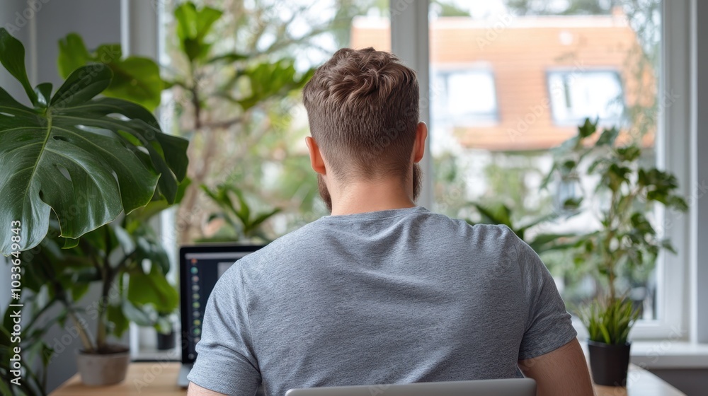 Poster a man viewed from behind, working on a computer at a desk, surrounded by houseplants; scene captures