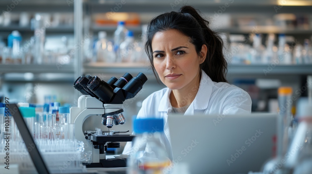 Poster a focused scientist in a lab coat works diligently at a computer, surrounded by microscopes, test tu