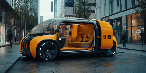 Fototapeta premium Autonomous Vehicles Providing Convenient Self-Driving Experience in an Urban Cityscape, Featuring Advanced AI Technology for Safe and Efficient Transportation Solutions.