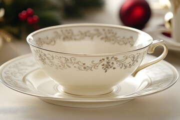 Fototapeta premium Elegant white teacup and saucer with a delicate gold floral pattern.