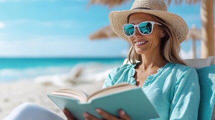 A smiling woman in a wide-brimmed straw sunhat and sunglasses enjoys reading a book on a sunny beach, embodying leisure and contentment during a summer getaway.
