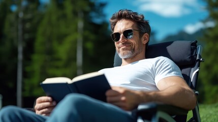 Fototapeta premium A man lounges outdoors under bright sunlight, absorbed in a book, surrounded by trees and nature's tranquility, depicting leisure and relaxation on a sunny day.