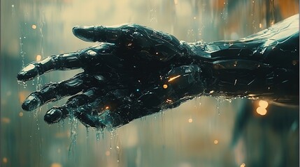 Close-up of a robotic hand in a futuristic setting.