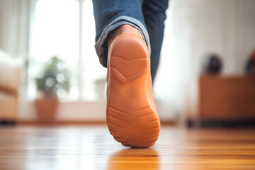 Naklejka premium Healthy male feet stepping over home-like background