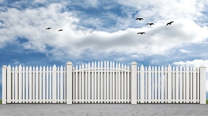 The golden pearly gate stands open against a backdrop of clouds, inviting birds to fly above, embodying the essence of heaven, evolution, and eternal life
