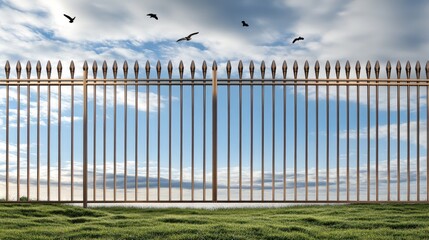 The golden pearly gate stands open against a backdrop of clouds, inviting birds to fly above, embodying the essence of heaven, evolution, and eternal life