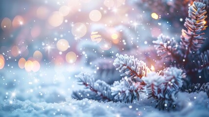 Naklejka premium Breathtaking winter landscape with a snow covered fir tree set against a backdrop of a snowy forest with twinkling lights adding a touch of festive magic and creating a serene enchanting atmosphere