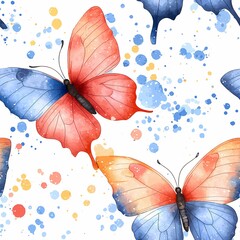 A bright, colorful pattern featuring butterflies in blue, orange, and red hues, set against a white background with playful splashes of paint.