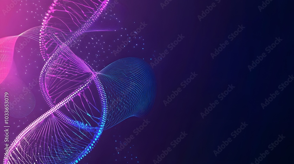 Poster abstract 3d representation of a double helix dna strand with glowing lines and dots