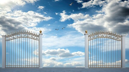 The golden pearly gate stands open against a backdrop of clouds, inviting birds to fly above, embodying the essence of heaven, evolution, and eternal life