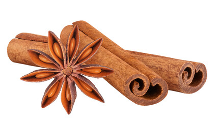 Star anise and cinnamon sticks isolated on white background. Aromatic spice for cooking and baking. Seasoning for autumn and winter holiday recipes.