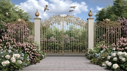 The golden pearly gate stands open against a backdrop of clouds, inviting birds to fly above, embodying the essence of heaven, evolution, and eternal life