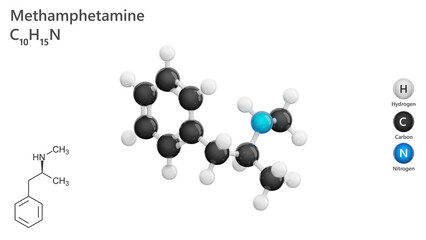 Methamphetamine. A detailed 3d model of molecule. Drug. Molecular formula: C10H15N. Chemical model: Ball and Stick. White background. 3d illustration