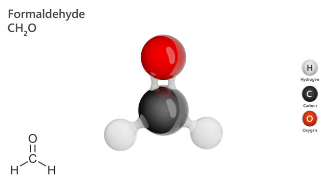 Formaldehyde is the simplest aldehyde a colorless gas with a pungent odor. It is used as a preservative and disinfectant due to its antibacterial properties. Formula: CH2O. White back. 3d illustration