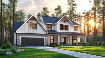 Obraz premium Modern house exterior surrounded by lush trees at sunset with a welcoming lawn and driveway in a serene neighborhood setting