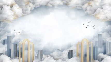 The golden pearly gate stands open against a backdrop of clouds, inviting birds to fly above, embodying the essence of heaven, evolution, and eternal life