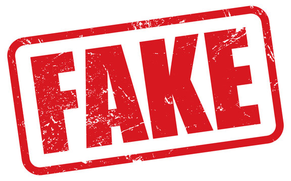 Fake word red rubber stamp with distressed texture effect isolated on transparent background.