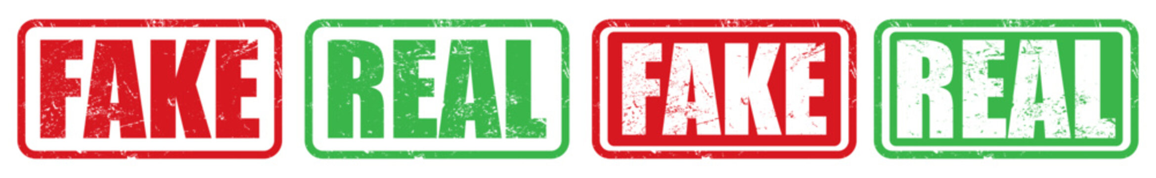 Fake and Real word rubber stamp with distressed texture effect isolated on transparent background. Real and fake stamps in grunge style.