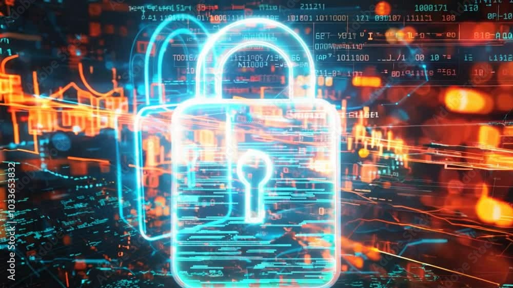 Leinwandbilder Cybersecurity Shield: Digital Fortress.  A glowing cyan padlock icon symbolizes impenetrable digital security, set against a backdrop of complex code and data streams.