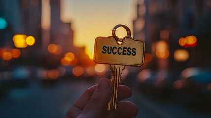 hand holds a golden key labeled "Success" against a blurred urban backdrop at sunset, symbolizing achievement, opportunity, and unlocking potential.