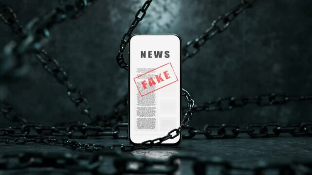 Dark atmosphere with iron chains. Deceiving citizens leading to war. Fake news on the phone screen. Deceiving users. Elections in dictatorial countries. Weapons of dictators. Bots in social networks.