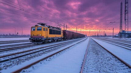 A yellow train travels on snowy tracks under a vibrant sunset sky.