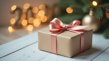 A beautifully wrapped gift with a pink ribbon rests on a wooden table surrounded by festive decorations in a cozy setting