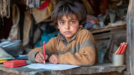 Poor child studying at wooden desk in impoverished conditions, displaying determination and hope. Education in poverty depicting global learning challenges for social awareness
