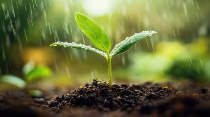 Fototapeta premium A young sprout in fresh soil, with soft rain falling, symbolizing growth, life, and the promise of new beginnings in nature