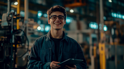 A happy young man in glasses stands near the factory with an electronic tablet, against the background.
