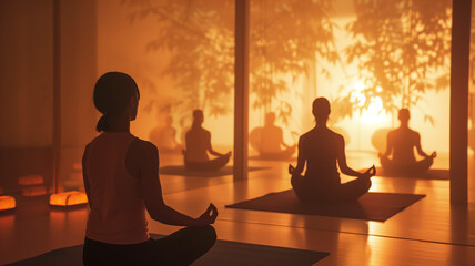 Group meditation session in a tranquil yoga studio with warm lighting