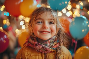 Joyful child smiling brightly surrounded by colorful balloons and festive lights, capturing a moment of happiness and celebration.