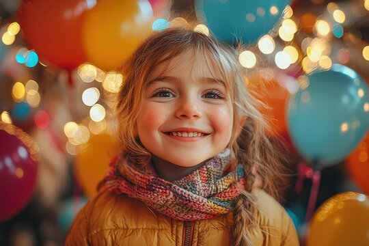 Joyful child smiling brightly surrounded by colorful balloons and festive lights, capturing a moment of happiness and celebration.