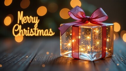 A beautifully wrapped Christmas gift with a glowing inside and festive decorations, bringing holiday cheer and warmth during the evening