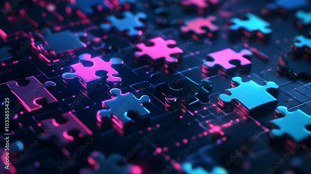 Poster api integration concept with neon puzzle pieces connecting seamlessly on a futuristic digital backgr