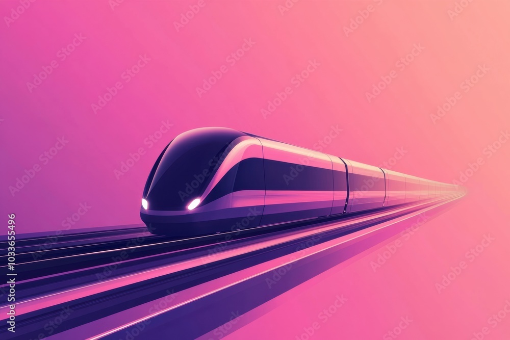 Poster the design features a minimalist train moving smoothly along sleek tracks set against a vibrant pink