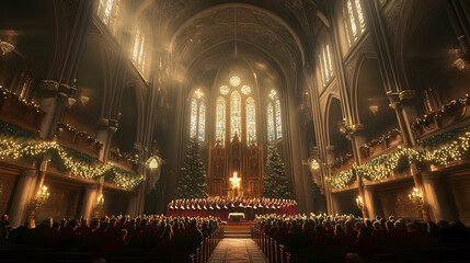 Obraz premium A Christmas choir performing inside a beautiful church. -