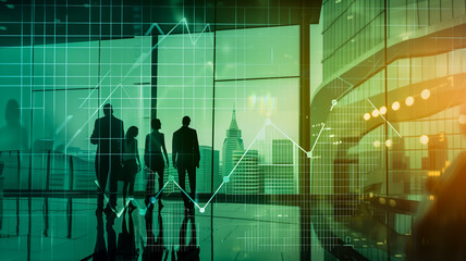 Business professionals analyzing financial data with city skyline background