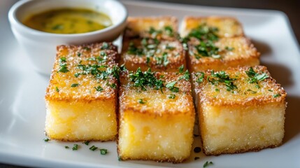 A plate of golden, crispy cheese croquettes arranged neatly on a white plate, with a dipping sauce on the side.
