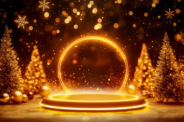 Festive winter Christmas podium decorated with glowing lights and ornaments background