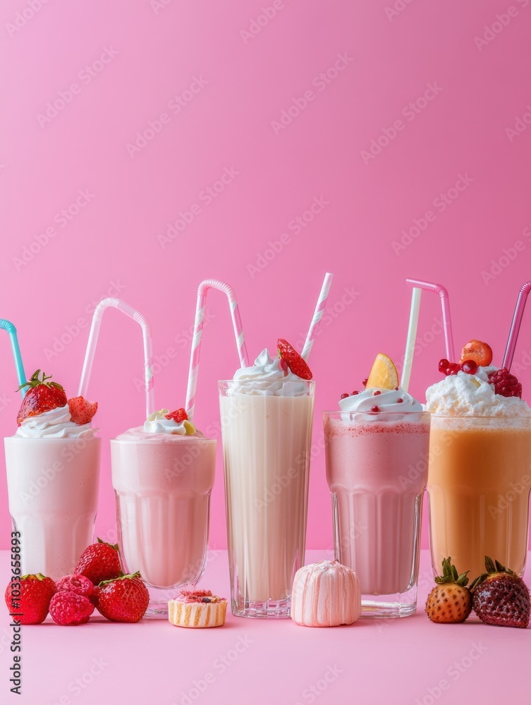 Poster a delightful collection of milkshakes and fruity drinks stands tall against a vivid pink backdrop, p