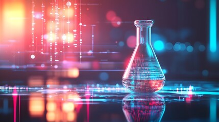 A Glass Flask Reflecting Neon Lights and a Digital World