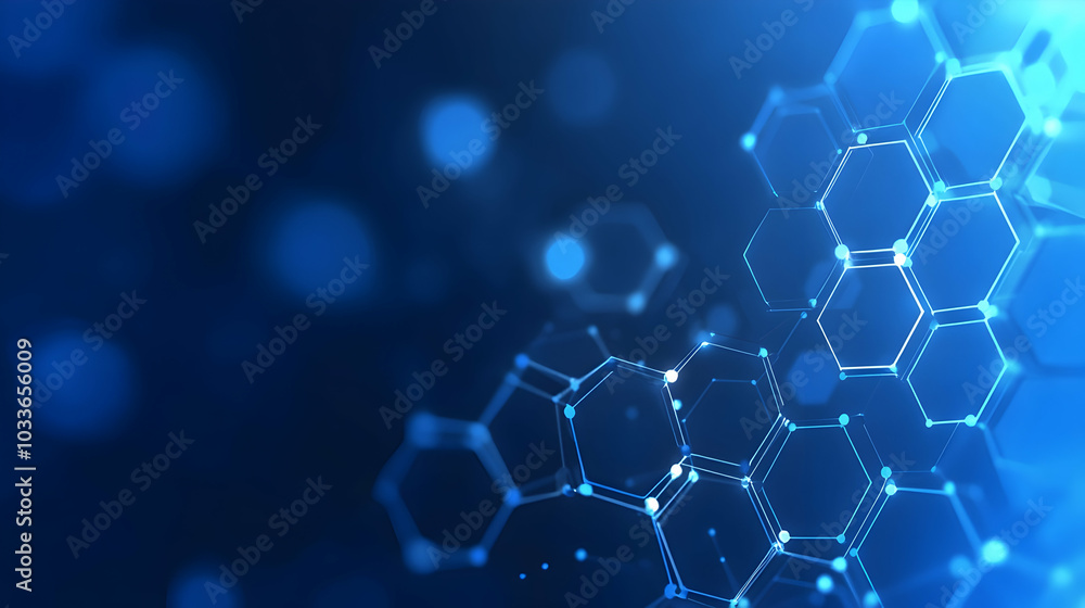 Poster a blue background filled with hexagons and dots, symbolizing data and connectivity -