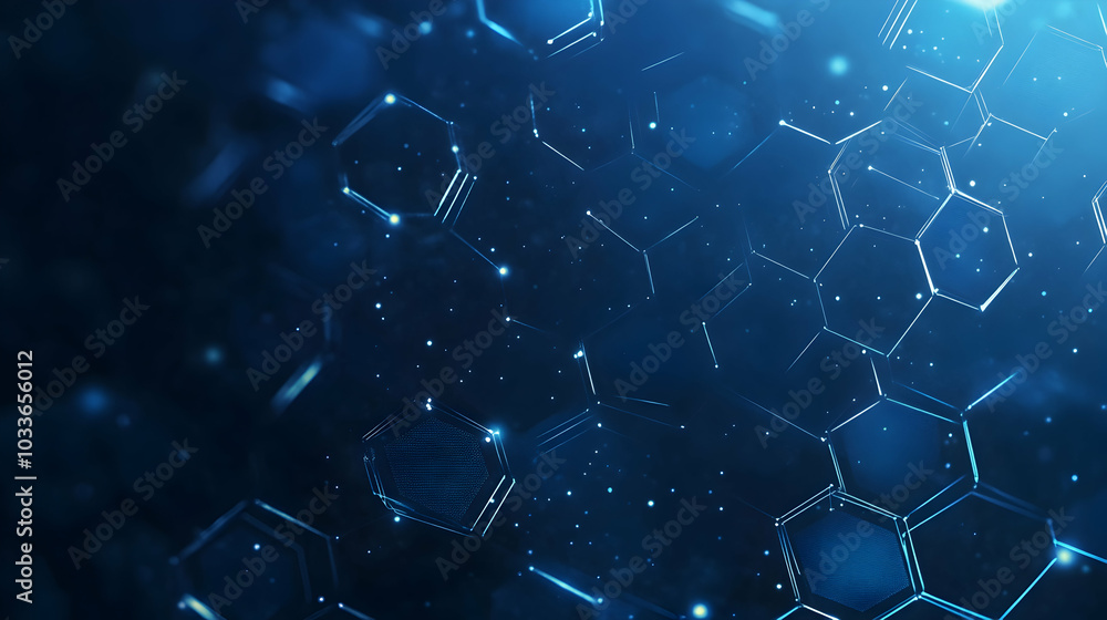 Poster a blue background filled with hexagons and dots, symbolizing data and connectivity -
