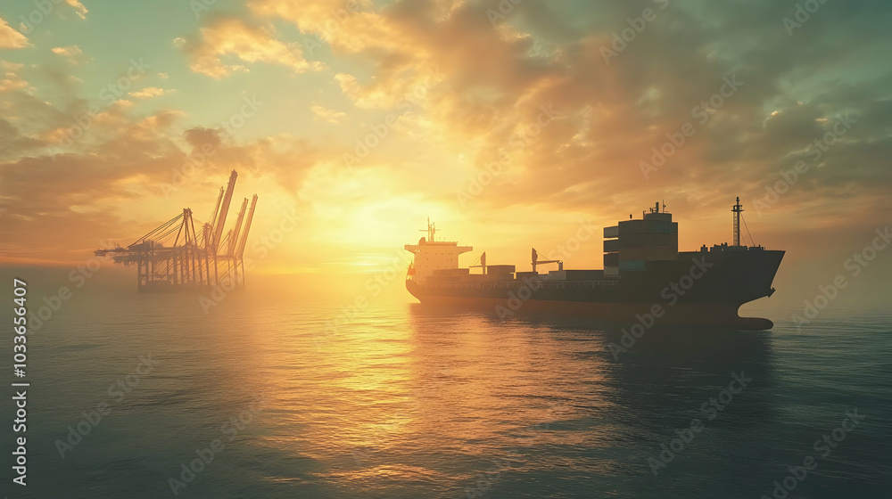 Wall mural a cargo ship and cranes on the ocean, symbolizing global trade and logistics -