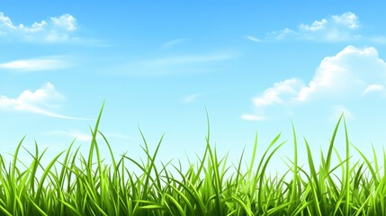 Fototapeta premium A serene summer landscape of vibrant green grass and a cloudless blue sky, offering ample room for text, logos, or promotional content.