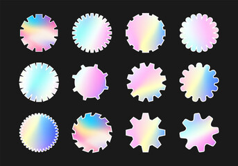 A holographic sticker. Holographic labels of various shapes on a dark background. Vector illustration