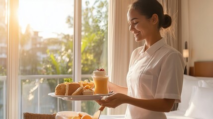 A smiling server delivers a delicious breakfast tray in a sunlit hotel room during a serene morning