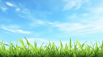 Fototapeta premium A serene summer landscape of vibrant green grass and a cloudless blue sky, offering ample room for text, logos, or promotional content.