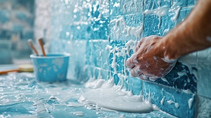 A close-up of a hand scrubbing blue tiles with soapy foam creates a refreshing scene. A bucket nearby hints at a cleaning project, emphasizing the importance of maintenance in home care.